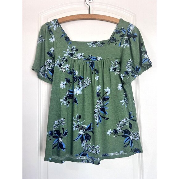 Lucky Brand‎ Green Floral Square Neck Short Sleeve Cotton Modal Top S - Picture 1 of 8